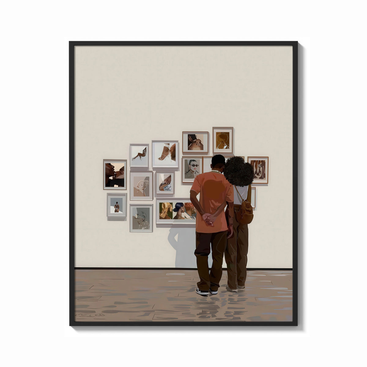 Framed Black Couple at a Gallery Wall print shown as a bold statement piece on a clean gallery wall