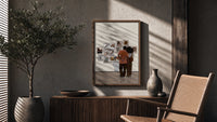 Black Couple at a Gallery Wall poster framed above a fluted sideboard beside a potted tree