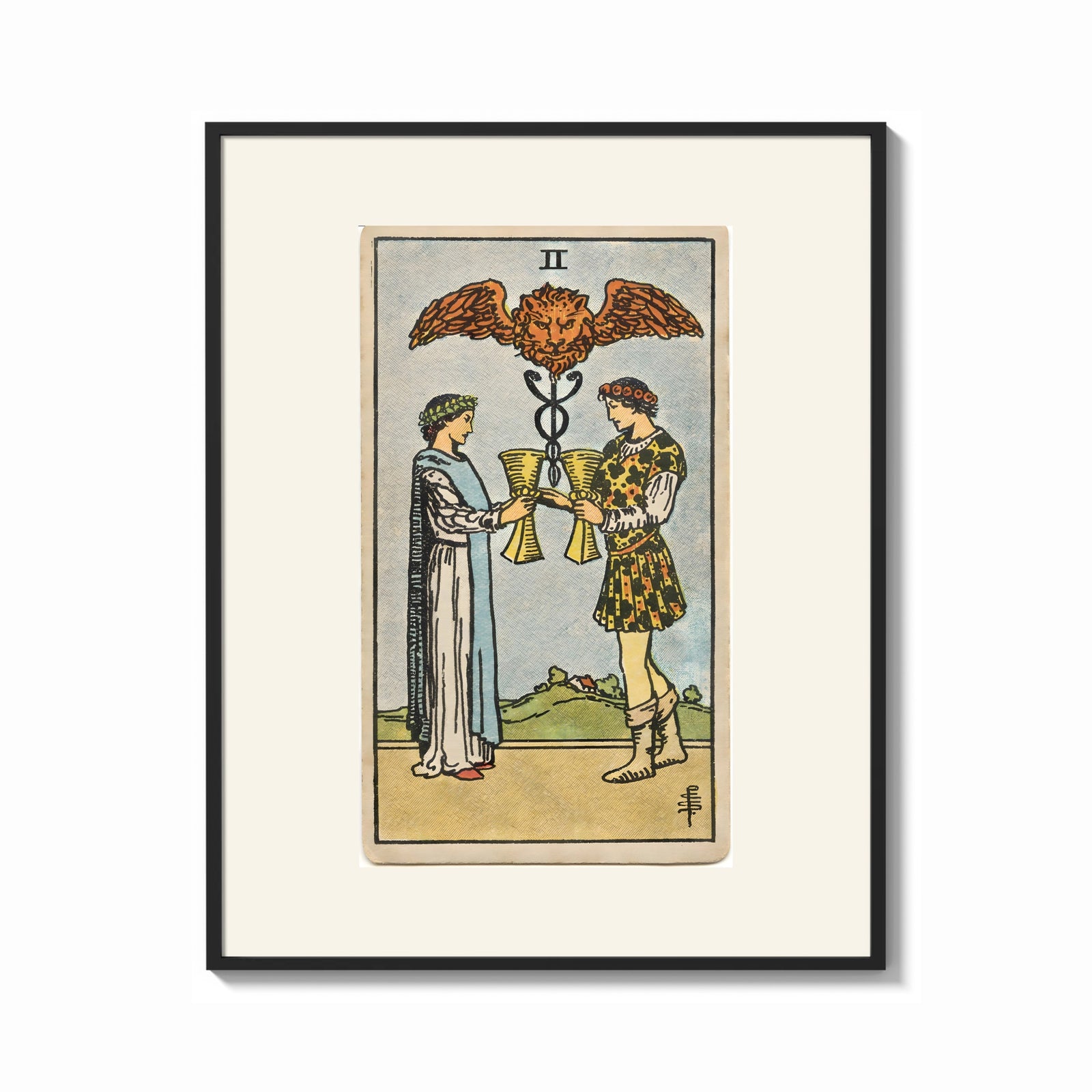 Framed Two people toasting golden cups print shown as a bold statement piece on a clean gallery wall