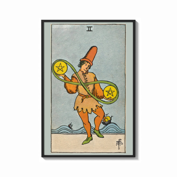 Framed Two of Pentacles print shown as a bold statement piece on a clean gallery wall