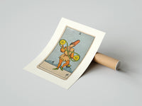 Rolled Two of Pentacles tarot figure poster beside its crush-resistant kraft shipping tube