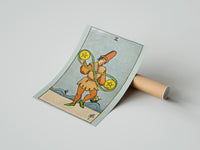 Gently curled Two of Pentacles print beside its protective shipping tube