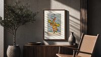 Two of Pentacles tarot figure poster framed above a fluted sideboard beside an olive tree