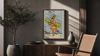 Two of Pentacles poster framed above a fluted sideboard beside a potted tree