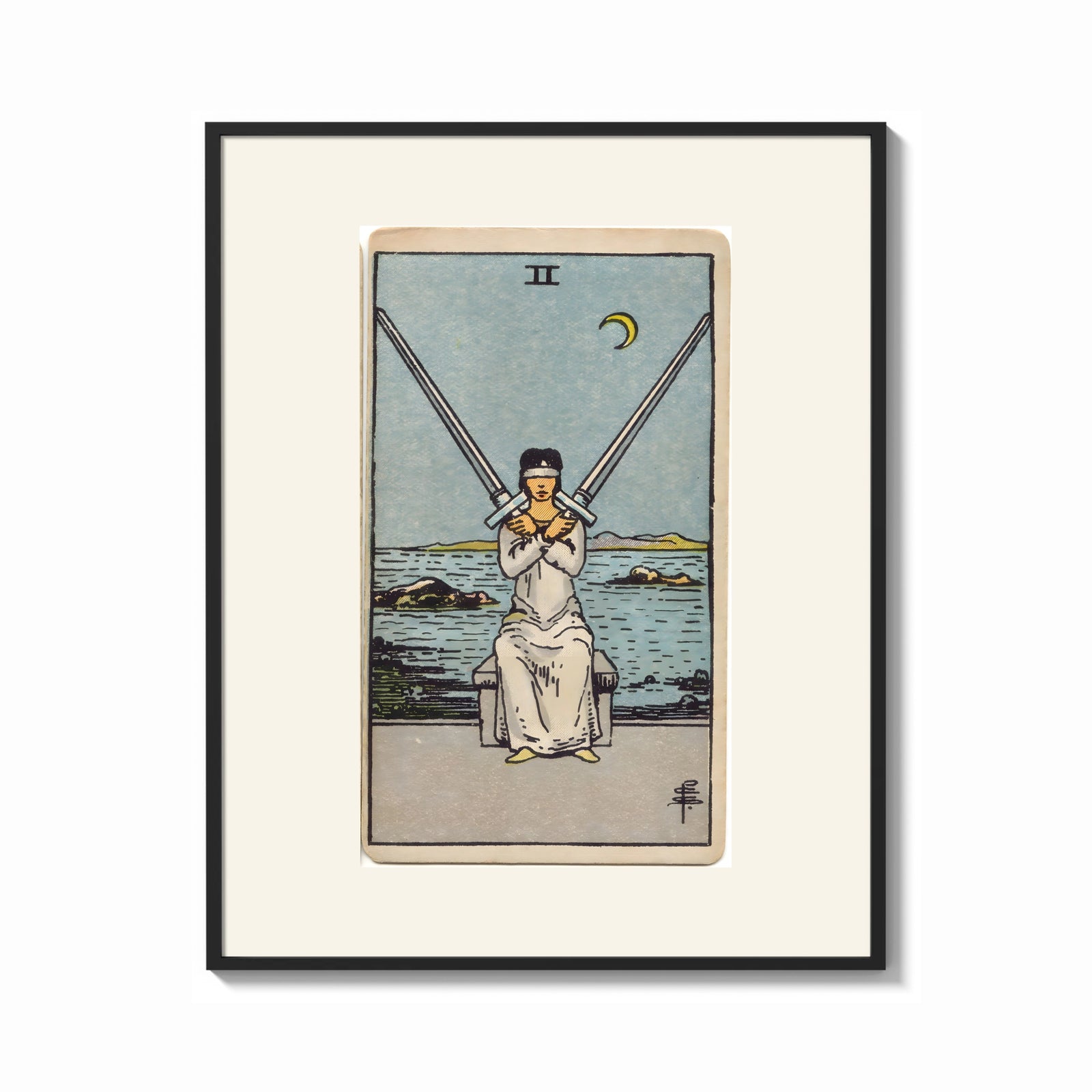 Framed Blindfolded woman holding two crossed swords print shown as a bold statement piece on a clean gallery wall