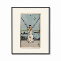 Framed Blindfolded woman holding two crossed swords print shown as a bold statement piece on a clean gallery wall