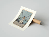 Rolled Blindfolded woman holding two crossed swords poster beside its crush-resistant kraft shipping tube