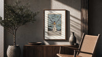 Blindfolded woman holding two crossed swords poster framed above a fluted sideboard beside an olive tree
