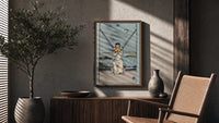 Two of Swords poster framed above a fluted sideboard beside a potted tree
