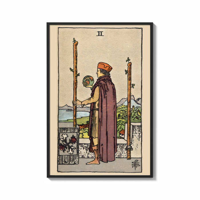 Framed Two of Wands print shown as a bold statement piece on a clean gallery wall