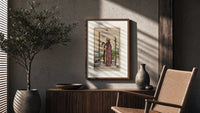 Man holding globe and staff poster framed above a fluted sideboard beside an olive tree