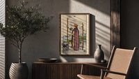 Two of Wands poster framed above a fluted sideboard beside a potted tree