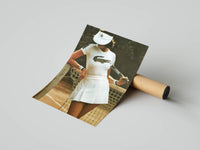 Two women lounging courtside in classic tennis whites, poster resting against a shipping tube