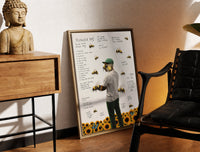 Brass-framed Man with bees on face, back turned print leaning in a warm styled corner by a sculpture