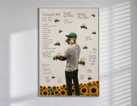 Man with bees on face, back turned poster in a slim frame on a bright wall with soft window light