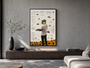 Man with bees on face, back turned poster framed above a wood console in a concrete-wall living room
