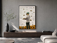 Man with bees on face, back turned poster framed above a wood console in a concrete-wall living room