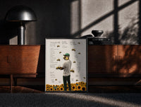 Black-framed Man with bees on face, back turned print on a moody console with designer coffee-table books