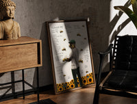 Walnut-framed Man with bees on face, back turned print leaning against a sunlit rustic brick wall
