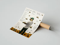 Rolled Man with bees on face, back turned poster beside its crush-resistant kraft shipping tube