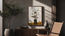 Man with bees on face, back turned poster framed above a fluted sideboard beside an olive tree