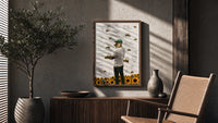 Man with bees on face, back turned poster framed above a fluted sideboard beside an olive tree