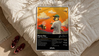 Tyler the Creator Flower Boy Tracklist framed print styled on a bed with sneakers alongside