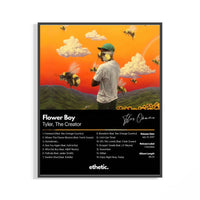 Framed Tyler the Creator Flower Boy Tracklist print shown as a statement piece on a gallery wall