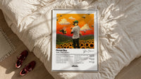 Tyler the Creator Flower Boy framed print styled on a bed with sneakers alongside