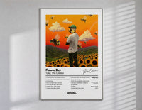 Tyler the Creator Flower Boy poster framed in white on a clean gallery wall