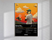 Tyler the Creator Flower Boy Tracklist poster framed in white on a clean gallery wall