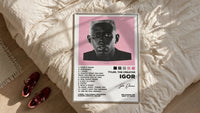 Tyler the Creator IGOR framed print styled on a bed with sneakers alongside
