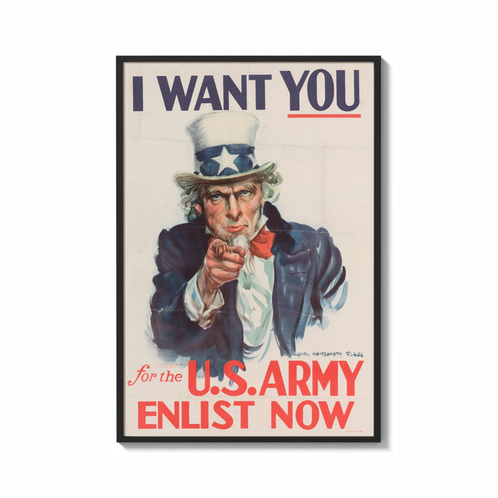 Framed Uncle Sam I Want You print shown as a bold statement piece on a clean gallery wall