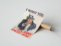 Gently curled Uncle Sam I Want You print beside its protective shipping tube