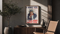 Uncle Sam I Want You poster framed above a fluted sideboard beside a potted tree