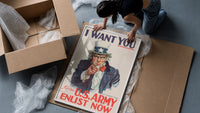 Uncle Sam I Want You framed print being unpacked from protective bubble wrap and a box