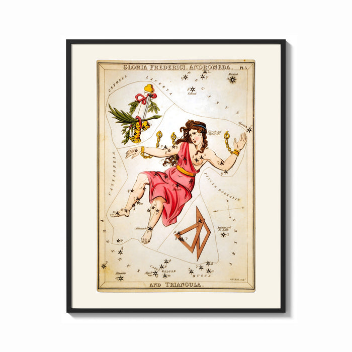 Framed Andromeda constellation chained woman figure print shown as a bold statement piece on a clean gallery wall