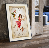 Andromeda constellation chained woman figure print in a black frame leaning beside a vintage door on parquet