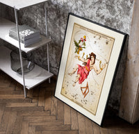 Andromeda constellation chained woman figure poster in a black frame leaning beside a shelf in a raw-plaster loft