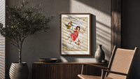 Andromeda constellation chained woman figure poster framed above a fluted sideboard beside an olive tree