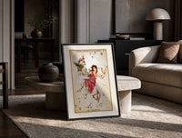 Andromeda constellation chained woman figure print in a black frame leaning on a travertine table in a sunlit lounge
