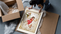 Andromeda constellation chained woman figure framed print being unpacked from protective bubble wrap and a box