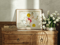 Aquarius constellation figure pouring water print in an oak frame on a farmhouse dresser beside white tulips