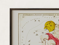Close-up of the Aquarius constellation figure pouring water print's dark wood frame corner and archival matte paper