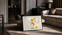 Aquarius constellation figure pouring water print in a slim black frame leaning on a travertine coffee table