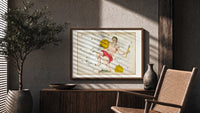 Aquarius constellation figure pouring water print in a wood frame above a fluted sideboard beside an olive tree
