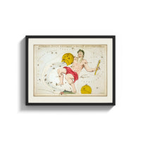 Framed Aquarius constellation figure pouring water print shown as a wide statement piece on a clean white wall