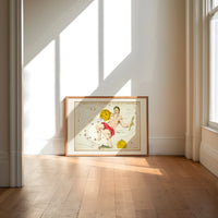 Aquarius constellation figure pouring water print in an oak frame on a sunlit wood floor beneath tall window light