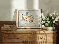 Aries ram and fly constellation chart print in an oak frame on a farmhouse dresser beside white tulips