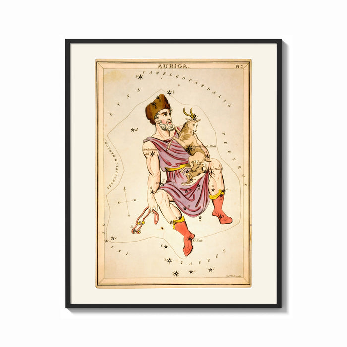 Framed Auriga constellation charioteer holding goat print shown as a bold statement piece on a clean gallery wall